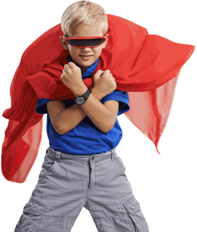 Boy, nine years old, dressed as a superhero with red cape, wearing a black analog wristwatch